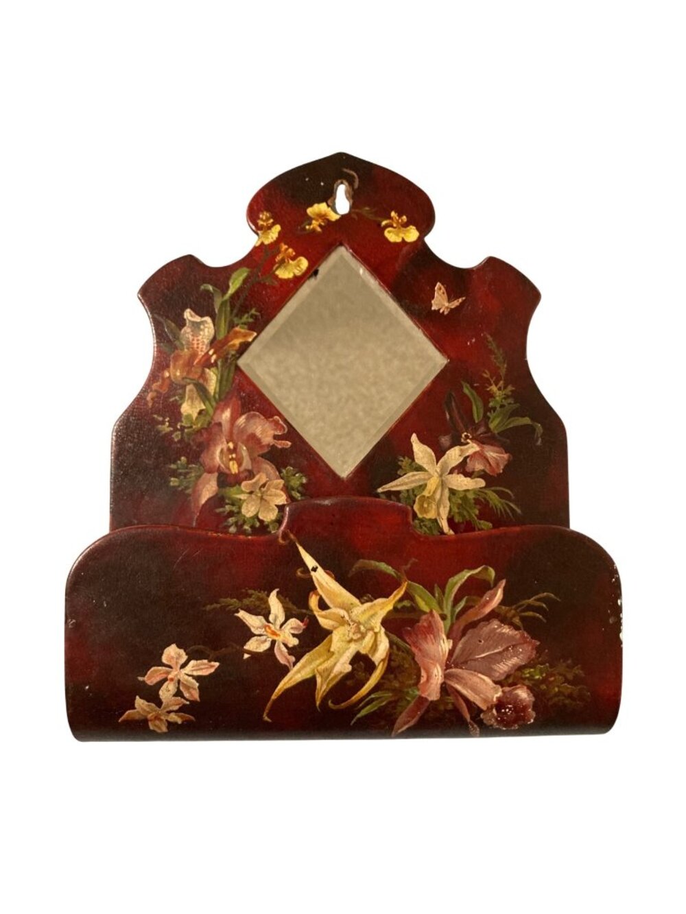 Antique Hand Painted Victorian Paper Mache Wall Pocket Pencil Holder